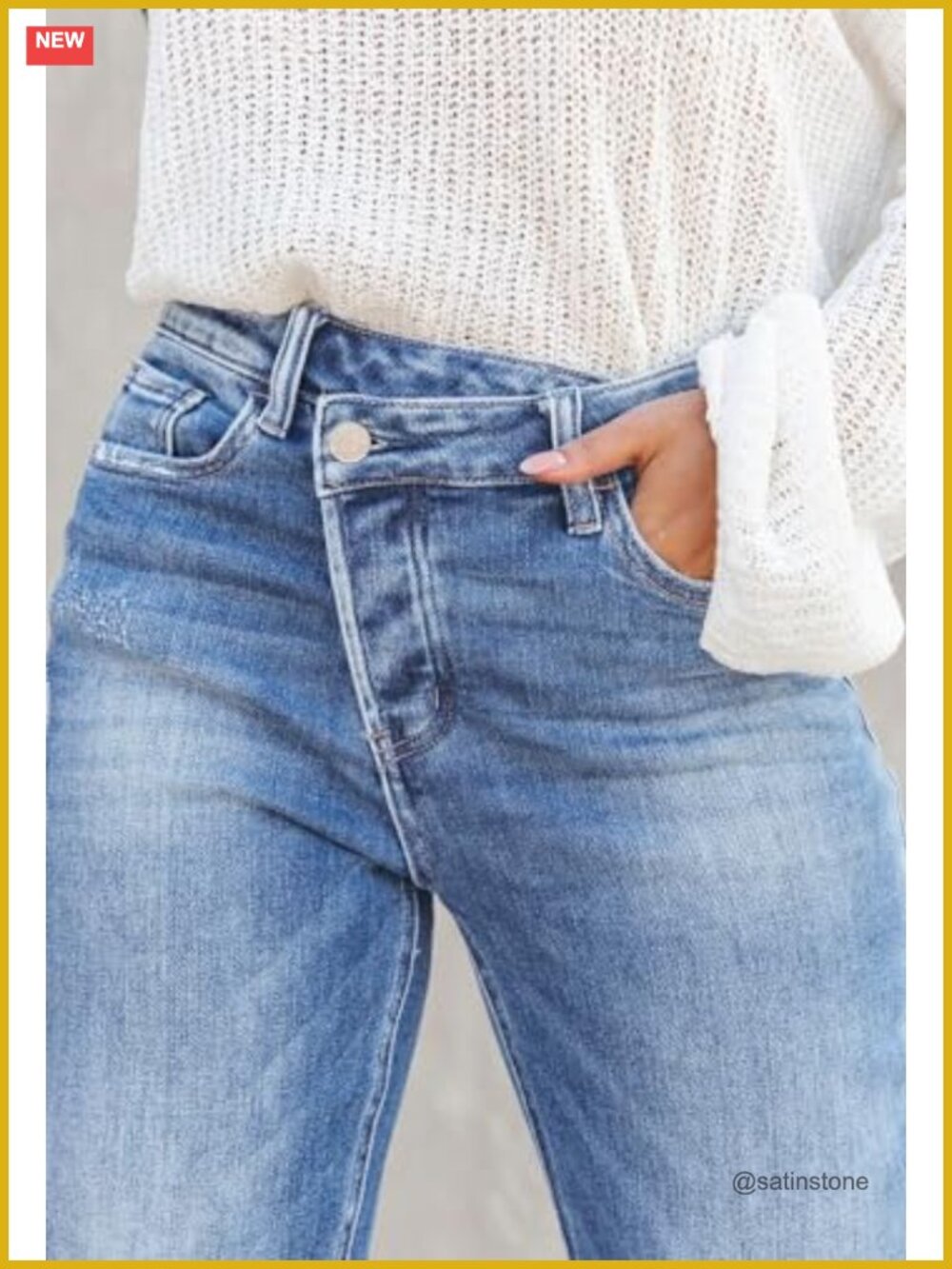 High Waisted Crossover Boyfriend Jeans Distressed Stretchy Denim Pants - Picture 4 of 5